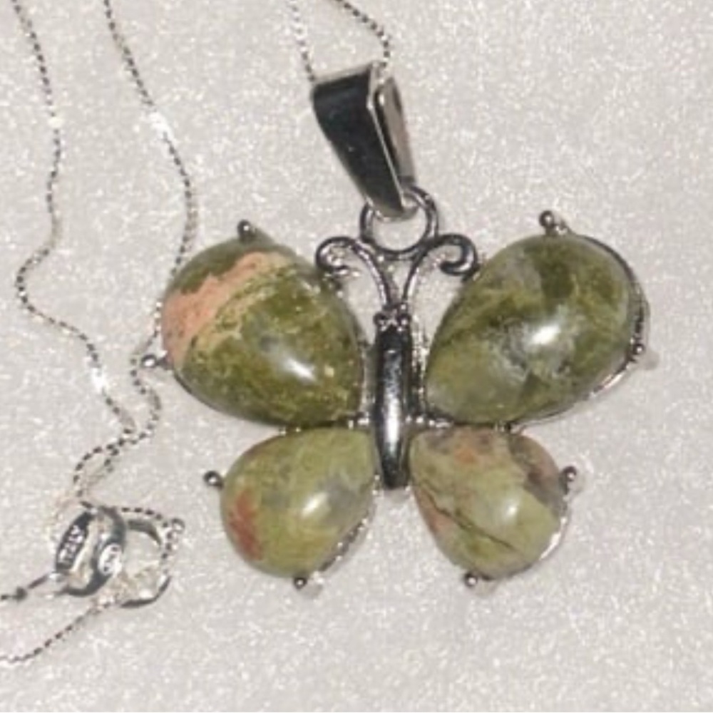 Boho hippie Unakite Butterfly Sterling Silver 16” Necklace